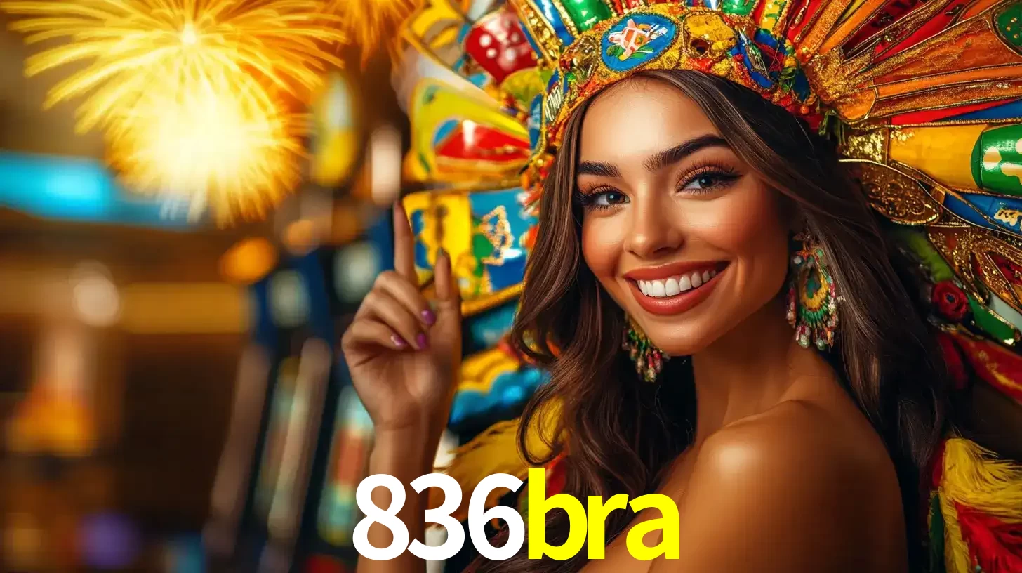 Mulher sorridente com um cocar de carnaval vibrante e colorido, celebrando uma grande vitória nos jogos do cassino 836bra com fogos de artifício ao fundo.