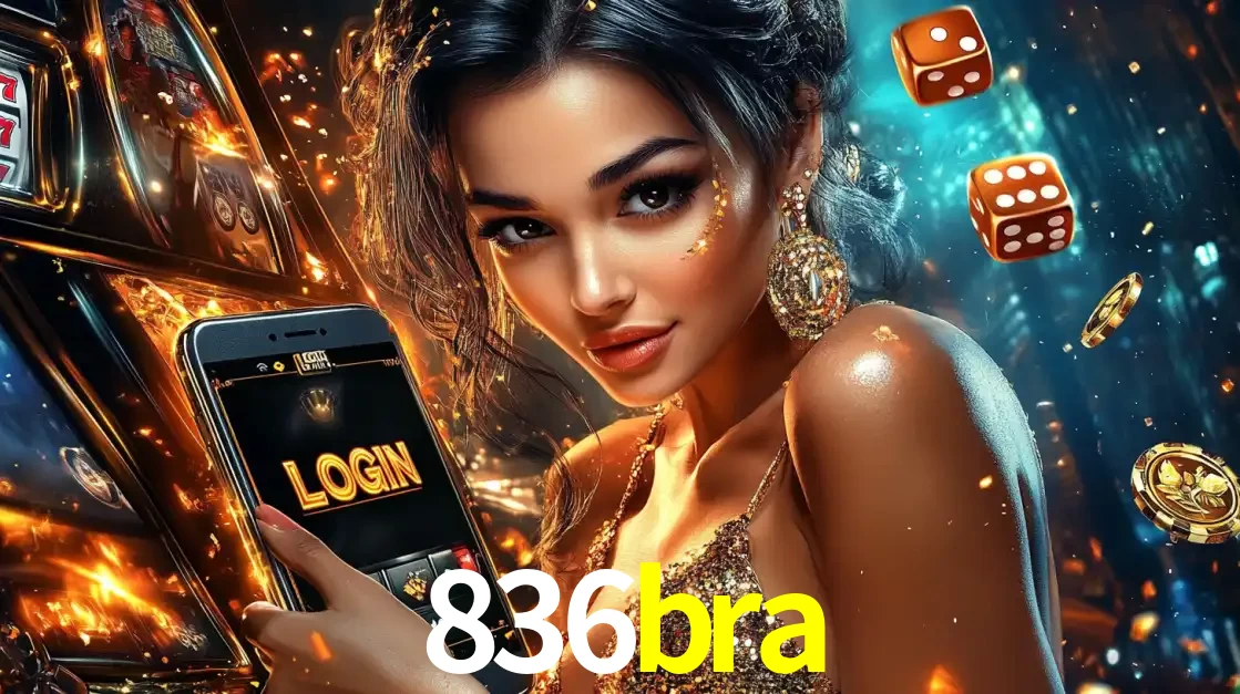 Mulher glamourosa segurando um celular com a tela de login do cassino 836bra, rodeada por dados e moedas douradas, pronta para começar a diversão.