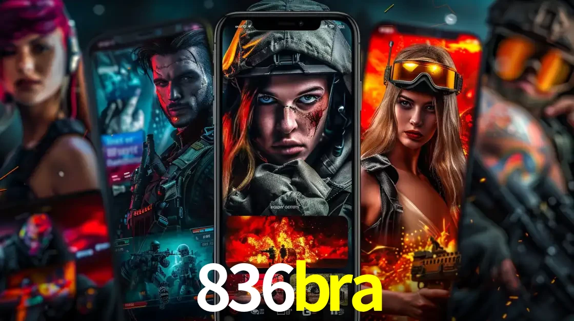 Montagem de telas de celular mostrando diversos personagens, masculinos e femininos, de um jogo de tiro, ilustrando a diversidade de equipes de e-sports para apostar no 836bra.