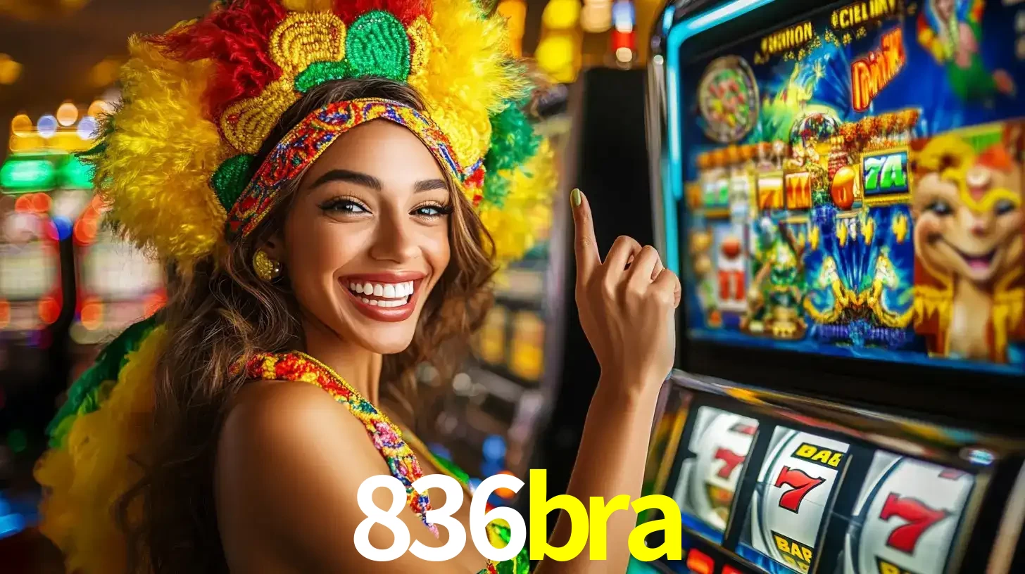 Mulher animada com um cocar de carnaval apontando para uma máquina de caça-níqueis, mostrando a emoção de ganhar um grande prêmio nos jogos do 836bra.