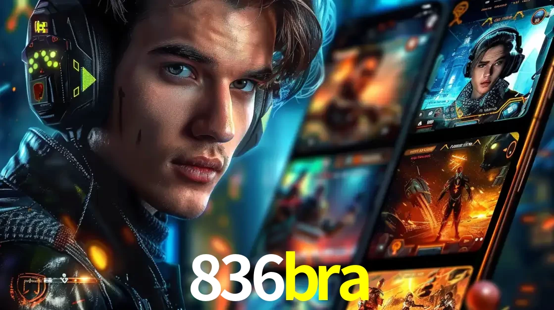 Jovem jogador com fones de ouvido olhando para a câmera, com um aplicativo de jogos e e-sports para celular ao fundo, pronto para a competição e apostas no 836bra.