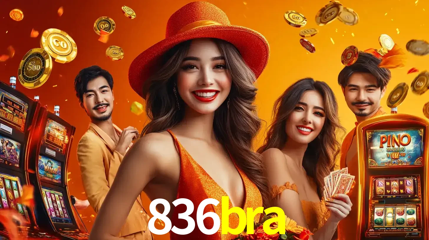 Grupo de amigos asiáticos sorrindo e se divertindo com máquinas de caça-níqueis em um ambiente festivo, celebrando suas vitórias nos jogos de cassino do 836bra.