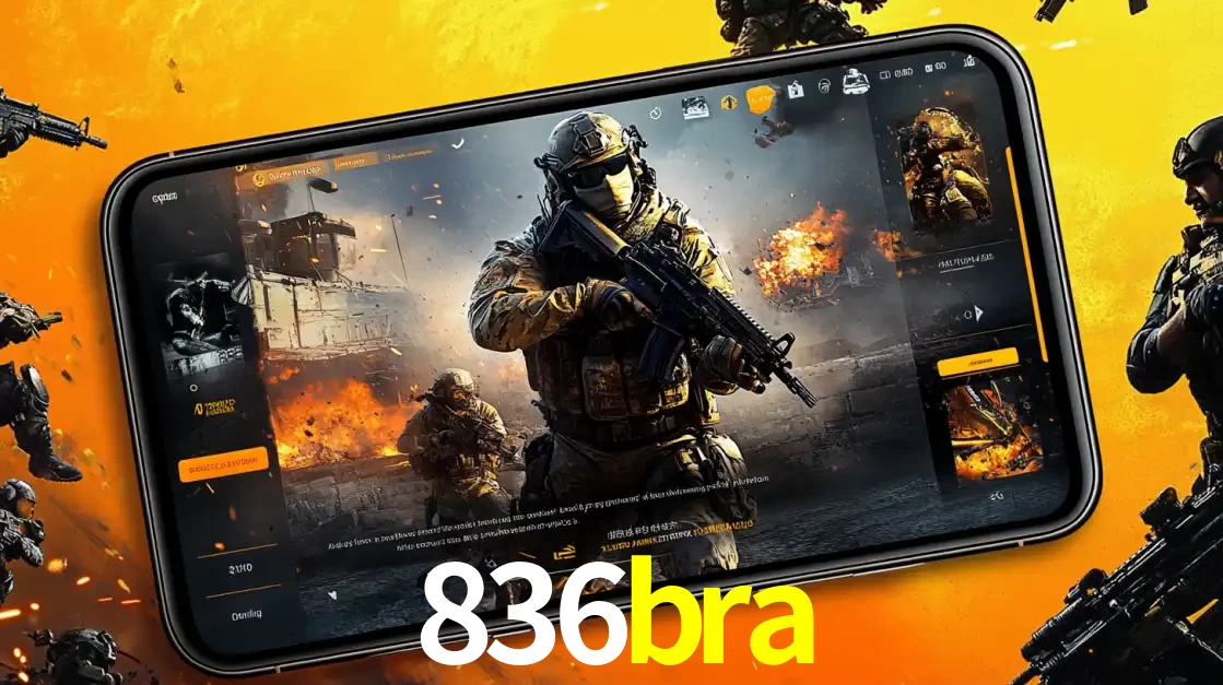 Um smartphone exibindo a interface de um jogo de tiro em primeira pessoa, com um soldado em um cenário de batalha, representando a ação dos e-sports para apostar no 836bra.