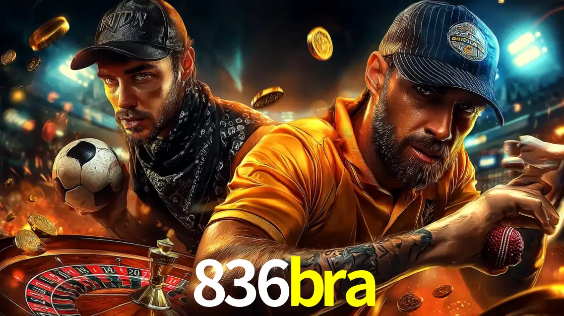 Montagem de apostas esportivas e cassino no 836bra, com um homem segurando uma bola de futebol e outro uma de beisebol sobre uma roleta e moedas voadoras.