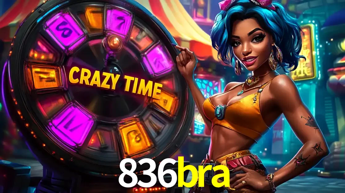 Mulher estilizada com cabelo azul e visual vibrante posando ao lado da roda de prêmios do game show Crazy Time, convidando para a diversão e os bônus do cassino 836bra.