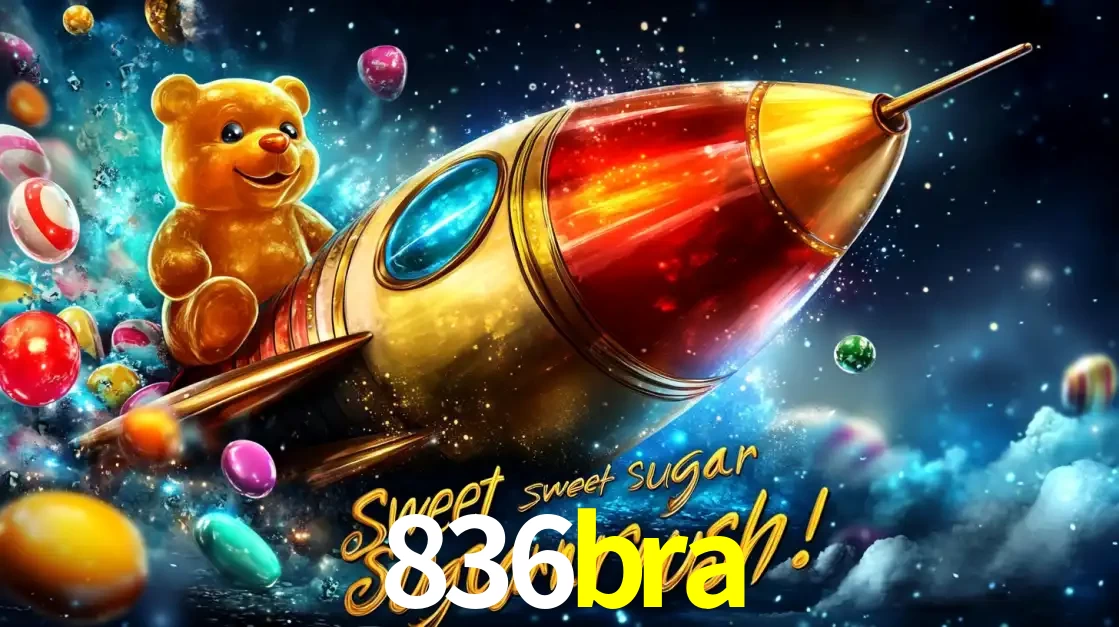 Arte promocional do jogo de slot Sugar Rush, com um urso de pelúcia em um foguete viajando pelo espaço de doces, um dos jogos divertidos disponíveis no cassino 836bra.