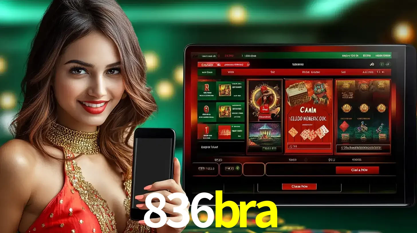 Mulher sorridente segurando um smartphone, ao lado de uma tela exibindo o lobby de jogos do cassino online 836bra, com várias opções de jogos de cartas e slots.